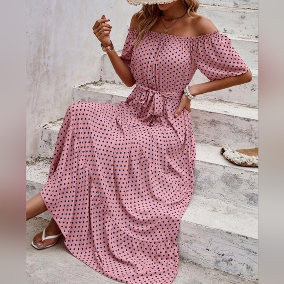 New Chic Polka Dot Off Shoulder Maxi Dress Muted Pink Black - Picture 5 of 7